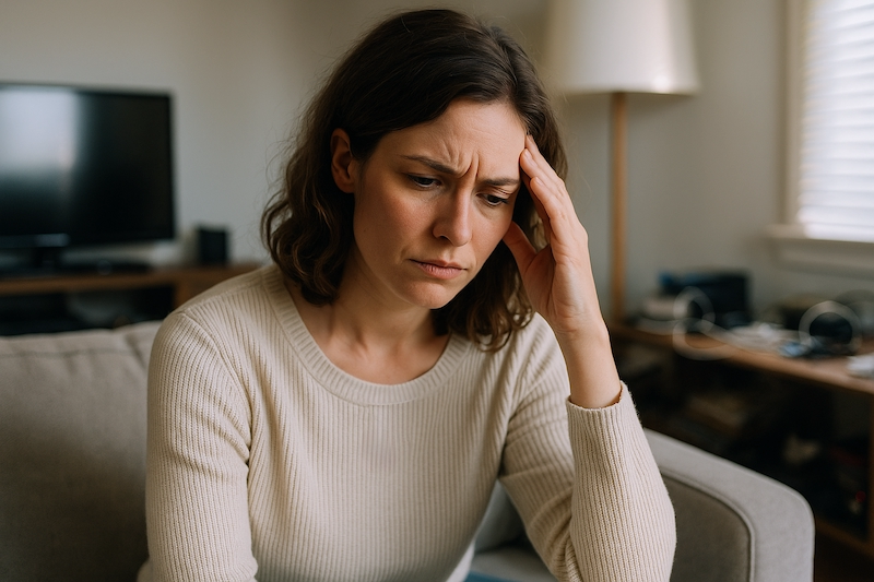 Concerned woman with mysterious symptoms sitting in an electronic-heavy environment