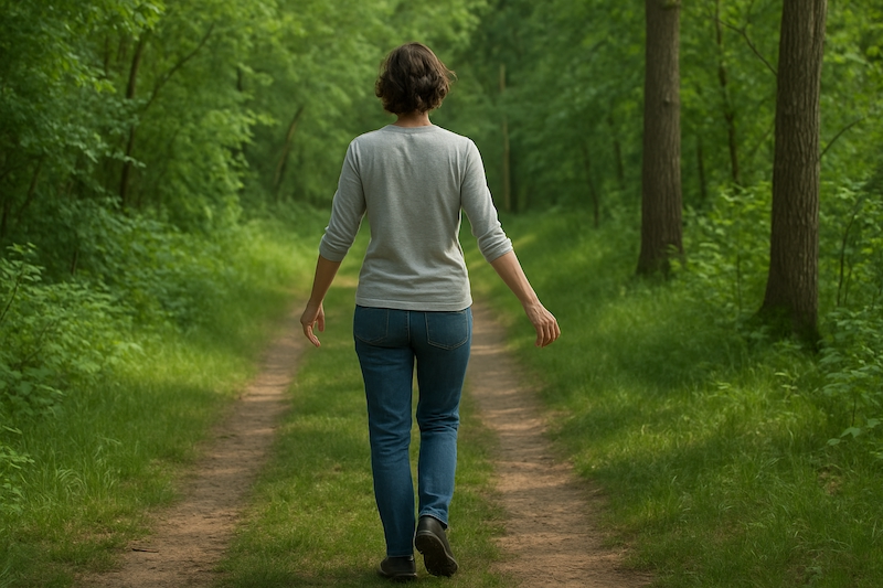 Peaceful person walking in nature, disconnected from devices