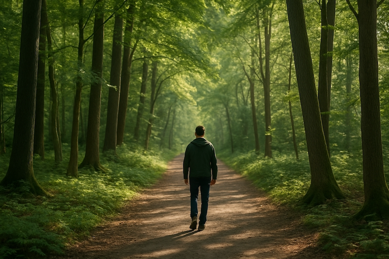 Person walking through forest trail for natural EMF recovery