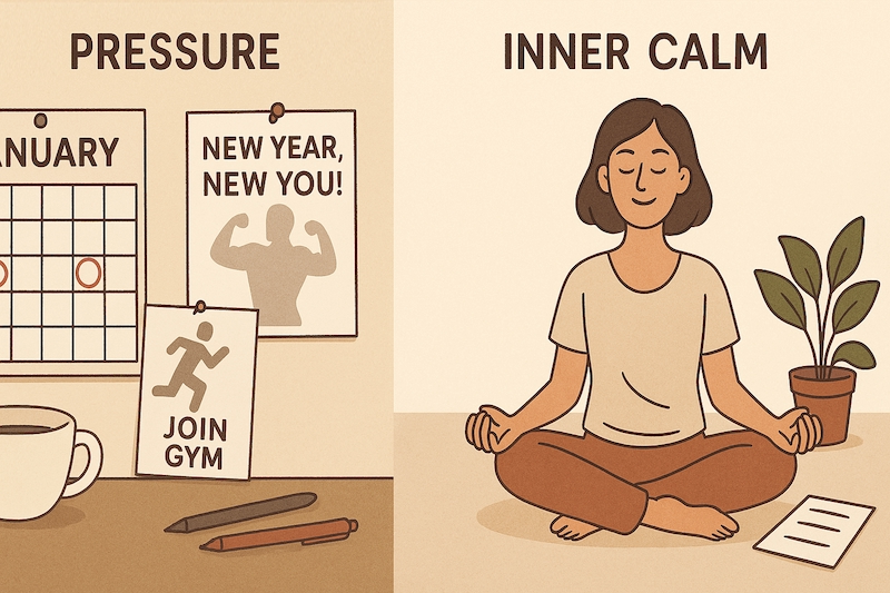 Split image showing pressure vs calm goal setting