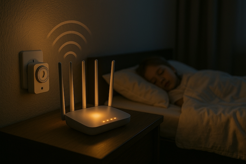 Child sleeping while WiFi router glows on timer