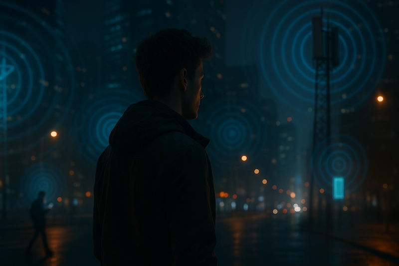 Person surrounded by invisible EMF radiation in a city