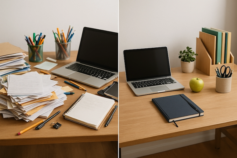 Before and after desk organization comparison