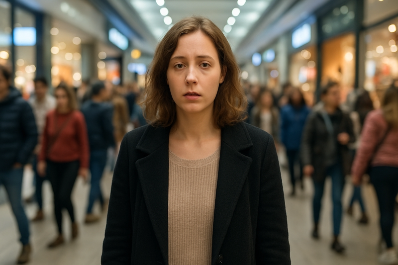 Woman overwhelmed in busy mall