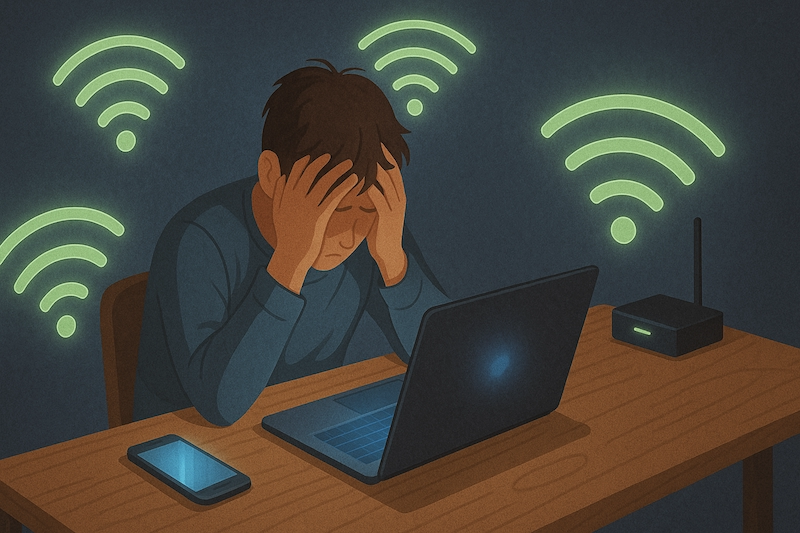 Person surrounded by Wi-Fi and device signals, overwhelmed by EMF exposure