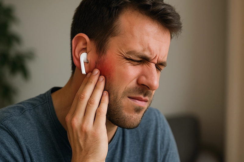 Man touching his painful ear while wearing Bluetooth headphones