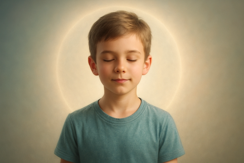 Serene boy surrounded by peaceful energy field