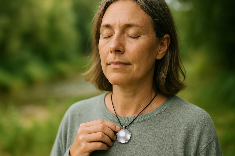 Calm person holding BioElectric Shield pendant in nature.