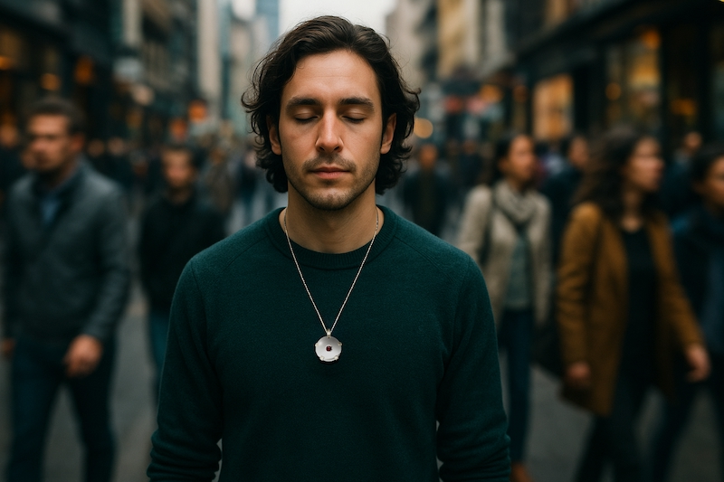 Person protected by BioShield pendant in a busy city