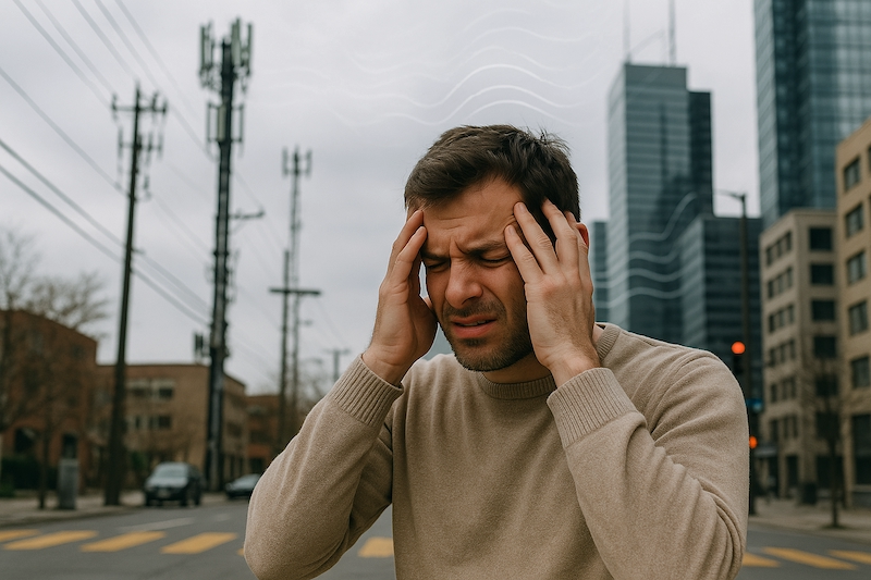 Person affected by urban EMF radiation in cityscape
