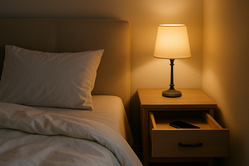 Peaceful bedroom with smartphone tucked away