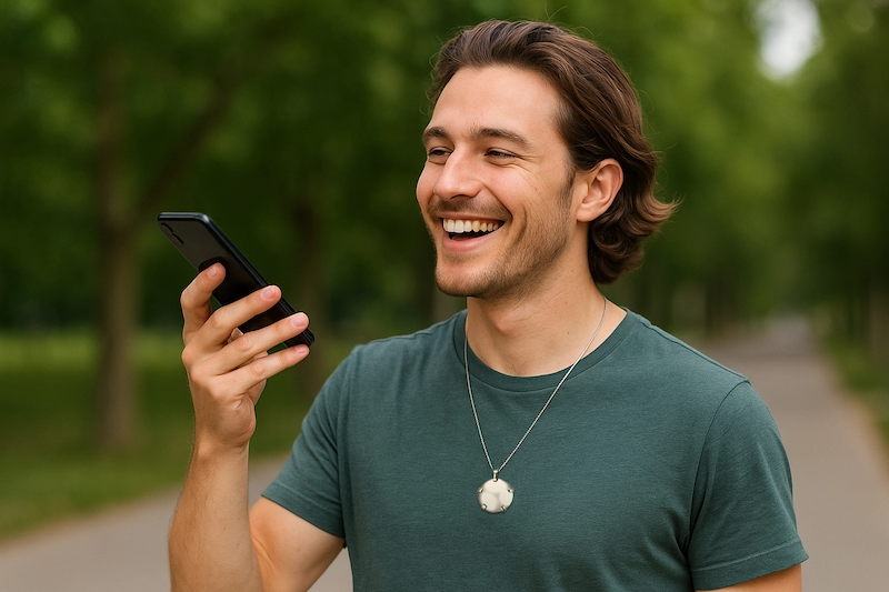 Young adult using speakerphone outdoors, keeping safe distance from phone