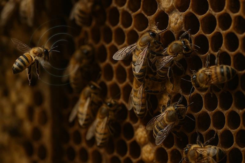 Bees communicating in a hive with sound waves visualized to indicate piping