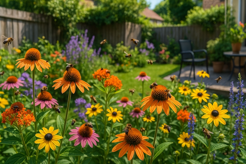 A backyard garden in full bloom with active pollinating bees