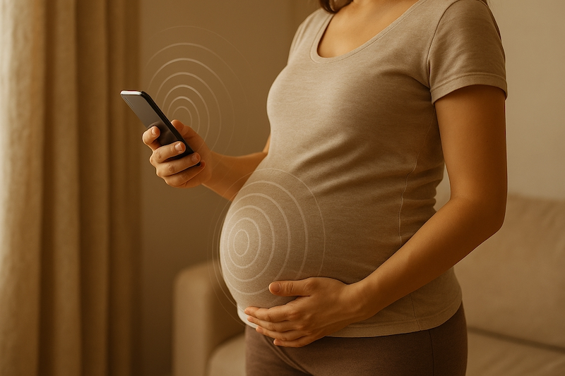 Pregnant woman using smartphone with EMF concern
