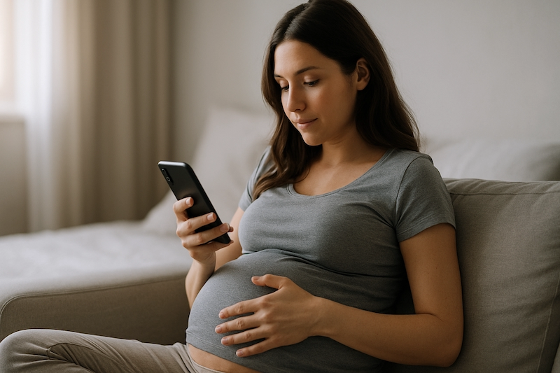 Pregnant woman using cell phone while cradling her belly