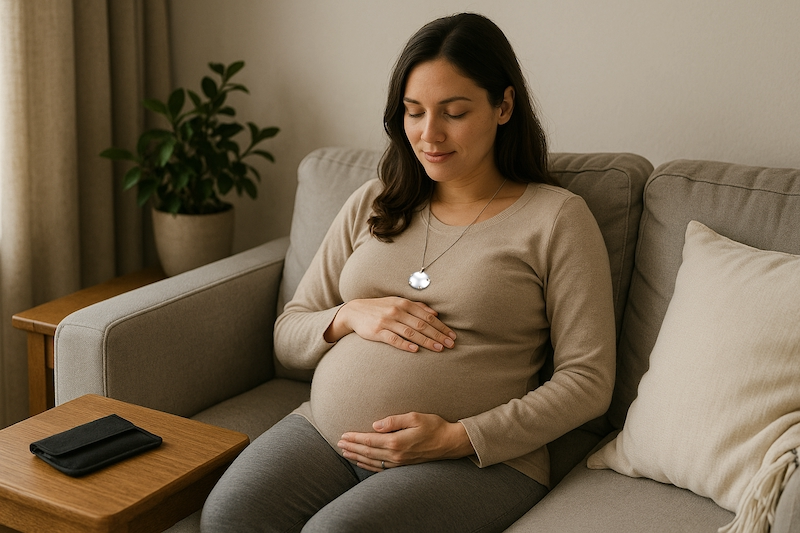 Pregnant woman relaxing with phone protected in pouch on table