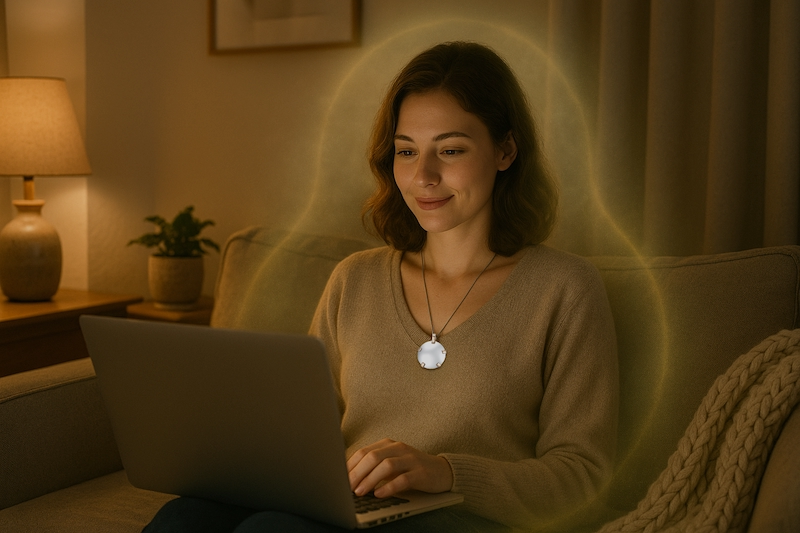 Woman using a laptop with subtle protective aura around her