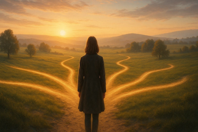 Woman at crossroads with glowing energy paths