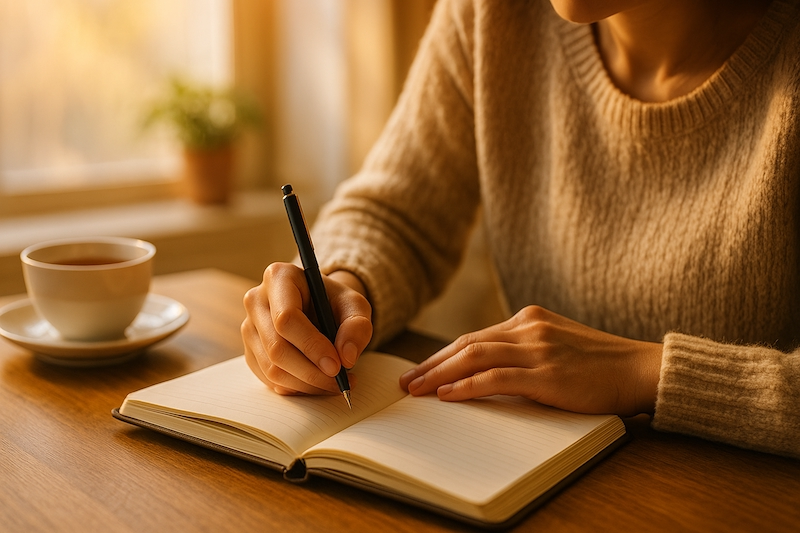 A person journaling by morning light with tea