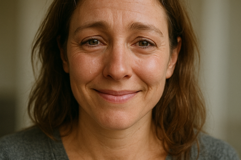 Woman crying tears of relief upon realizing she's not crazy