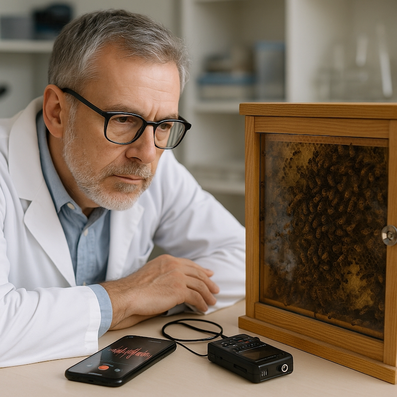Scientist Daniel Favre monitoring bees in a lab with phones and recording gear