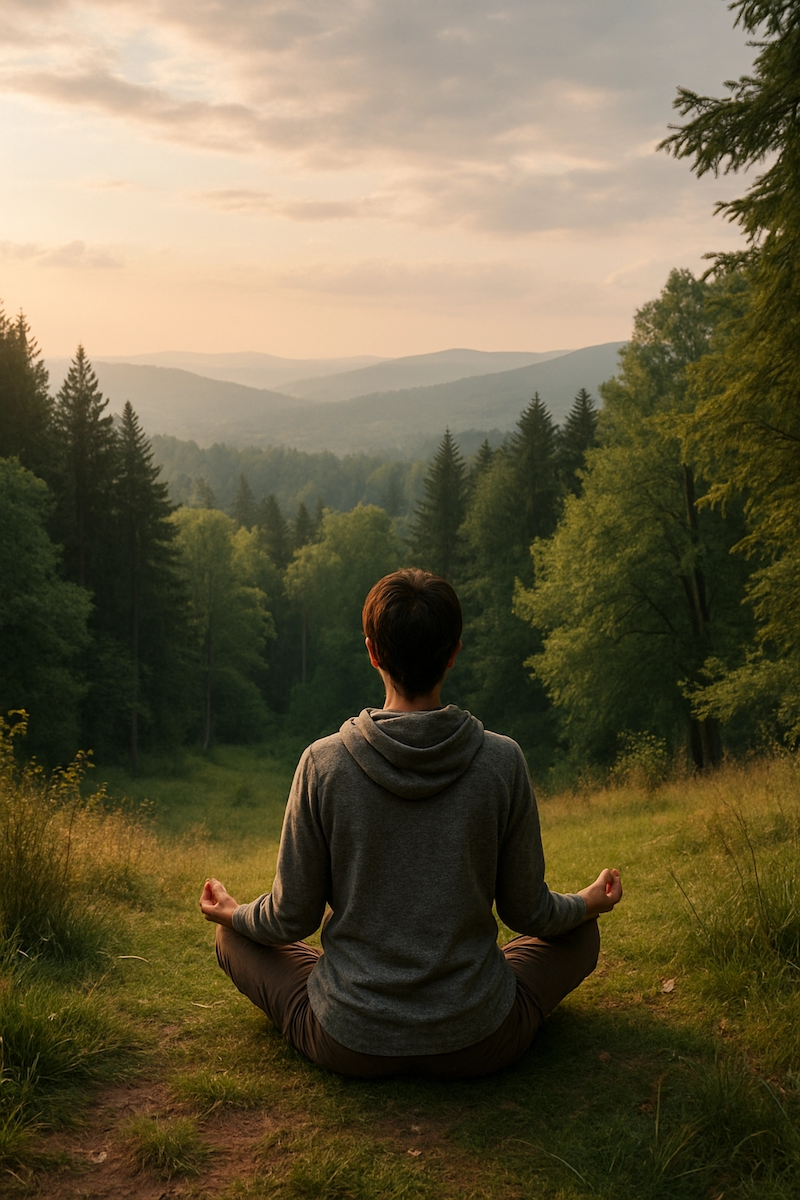 Person meditating alone in nature, representing the need to escape chaotic environments