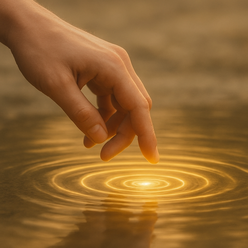 Hand touching water creating golden spiritual ripples