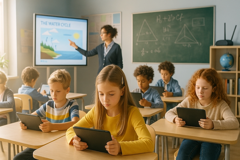 Tech-heavy elementary school classroom with EMF exposure