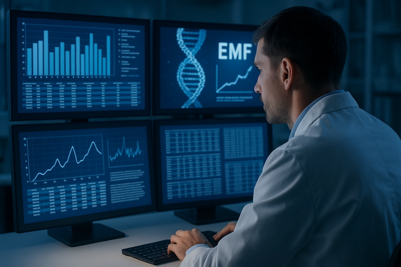 Researcher reviewing charts and data on EMF-related studies in a lab setting.