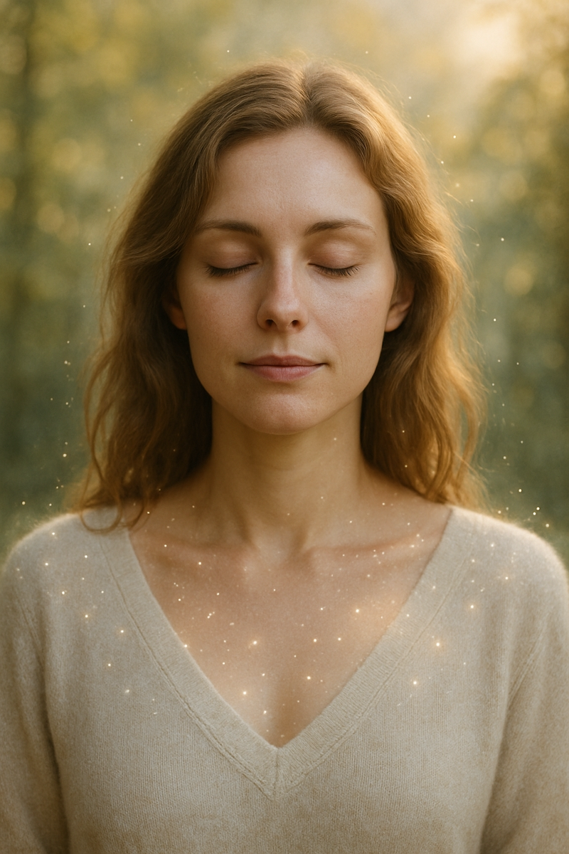 Serene woman with glowing aura, symbolizing an HSP’s energetic sensitivity
