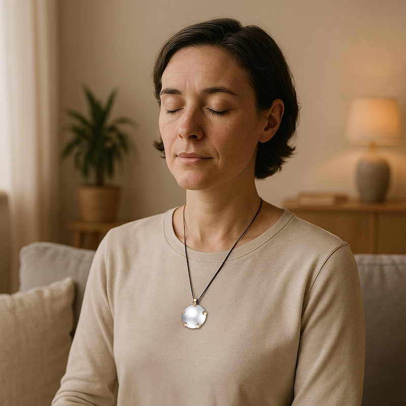 Calm person wearing BioElectric Shield in a peaceful space