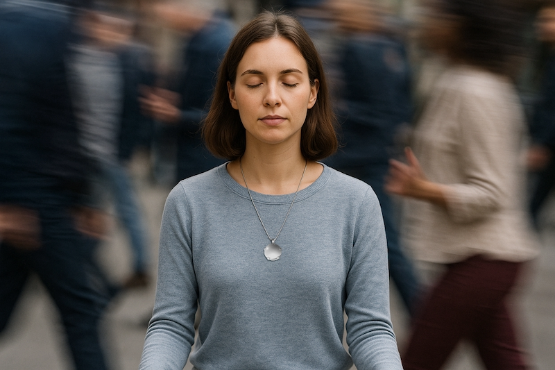Calm woman protected from chaotic energy with pendant