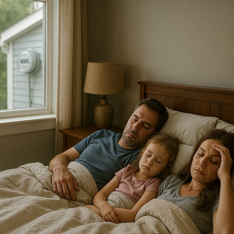 Family feeling unwell next to bedroom wall with smart meter