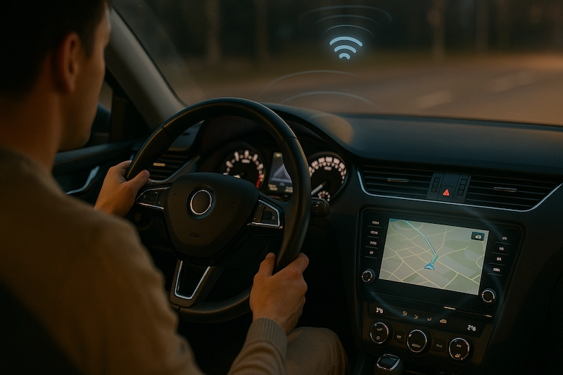Interior of a smart car showing electronic dashboard and Bluetooth features