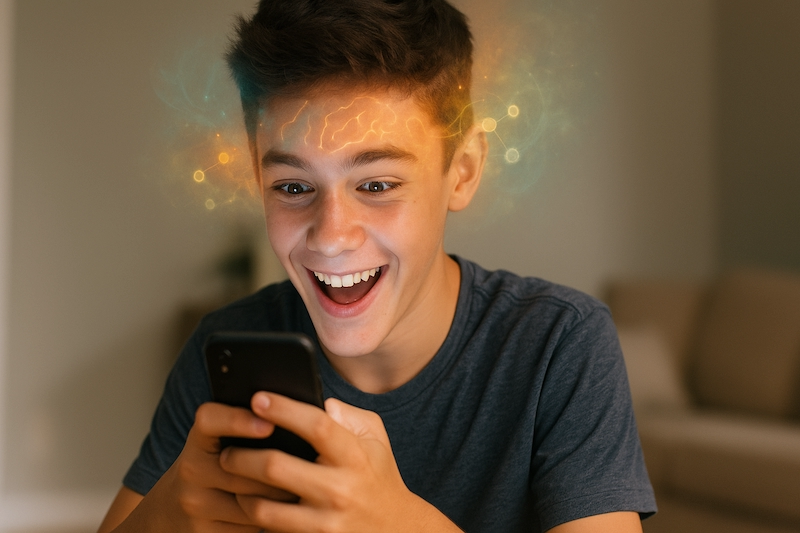 Teen experiencing dopamine response from smartphone use
