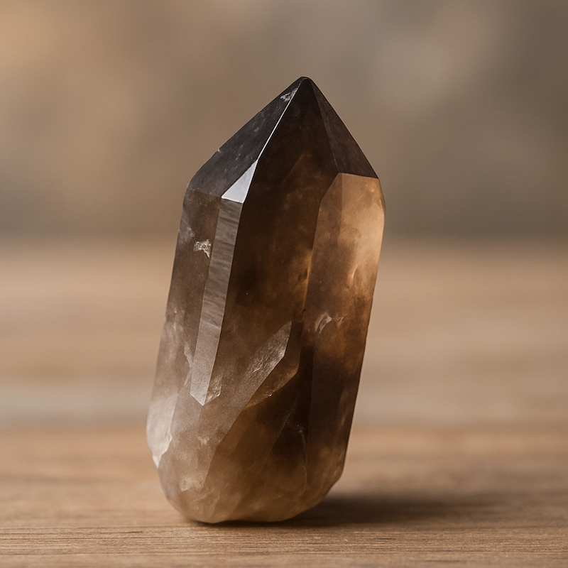 Smoky quartz crystal glowing on neutral desk