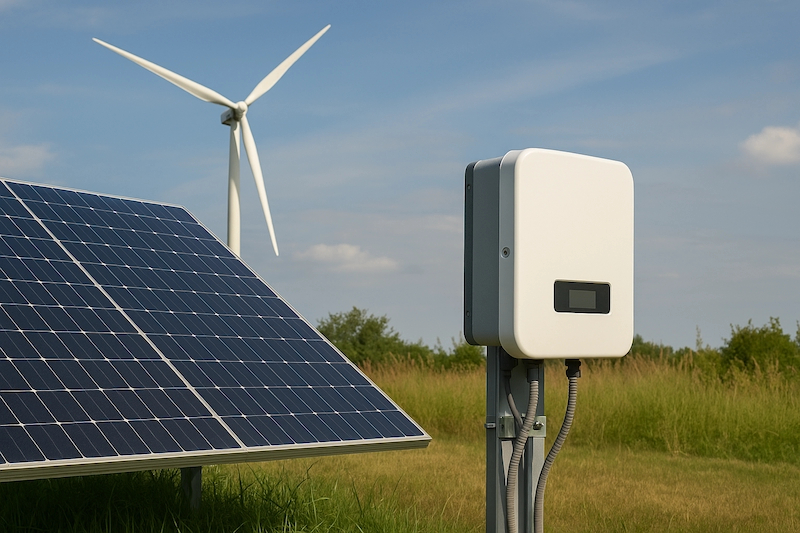 Solar panels and wind turbines with inverter showing dirty electricity source