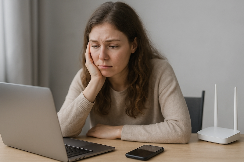 Woman feeling foggy and unfocused at desk with tech devices