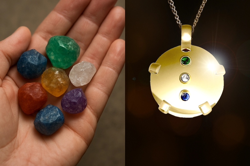 Loose gemstones vs. glowing pendant comparison