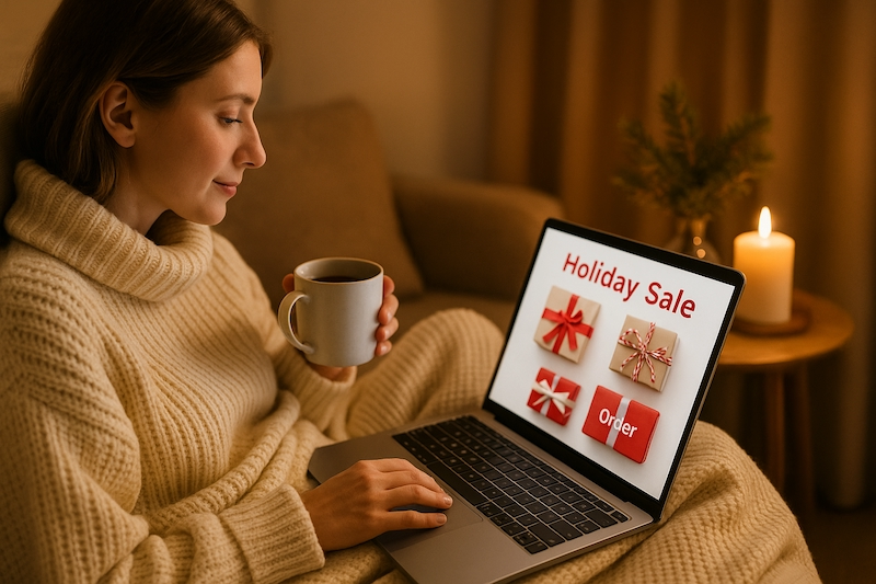 Person online shopping in cozy setting