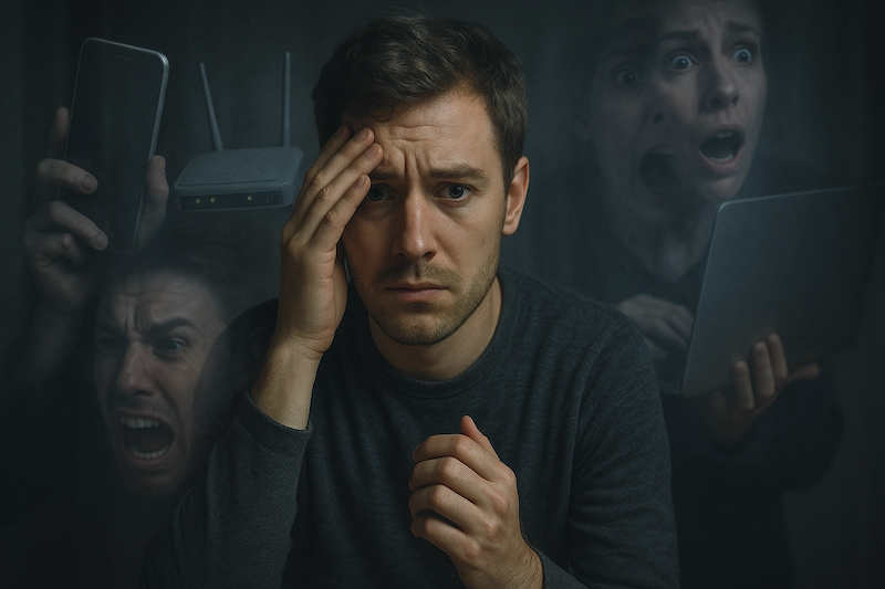 Composite of devices and fearful faces surrounding a person