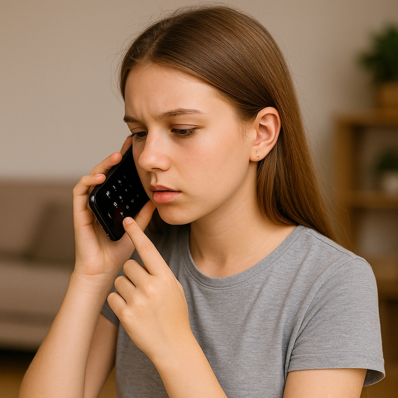 Teen girl holding phone away from ear while dialing