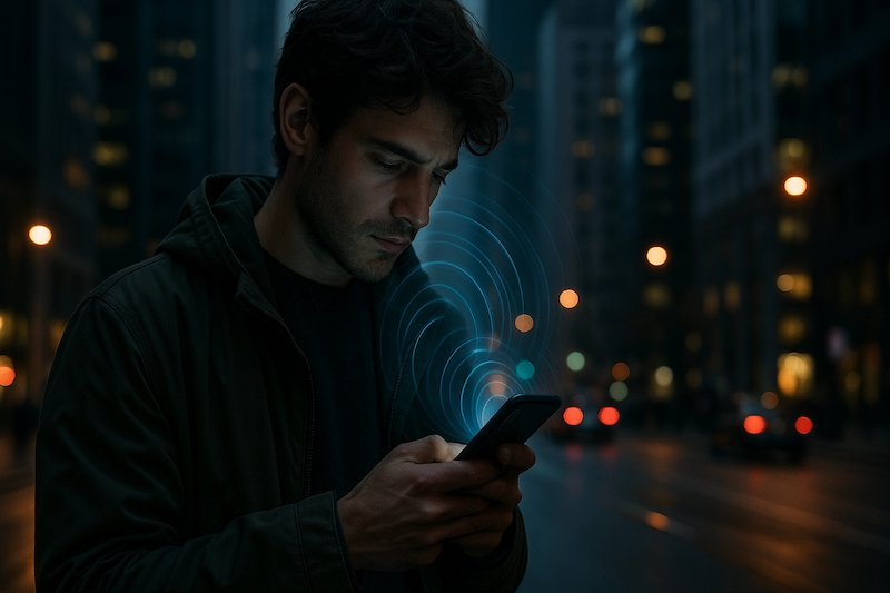 Young adult using a smartphone in the city with visible radiation overlays