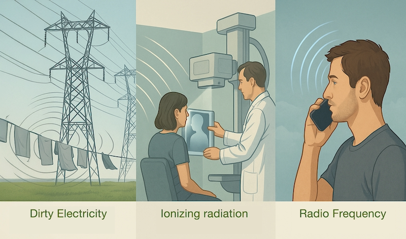 Three scenes comparing dirty electricity, ionizing radiation, and mid-range RF exposure