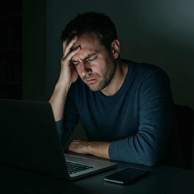 Tired man at desk surrounded by electronics