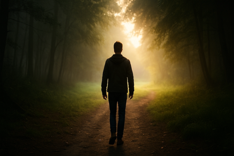 Person walking from darkness into light, symbolizing transformation.