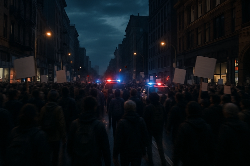Urban unrest scene with blurred crowds and tension