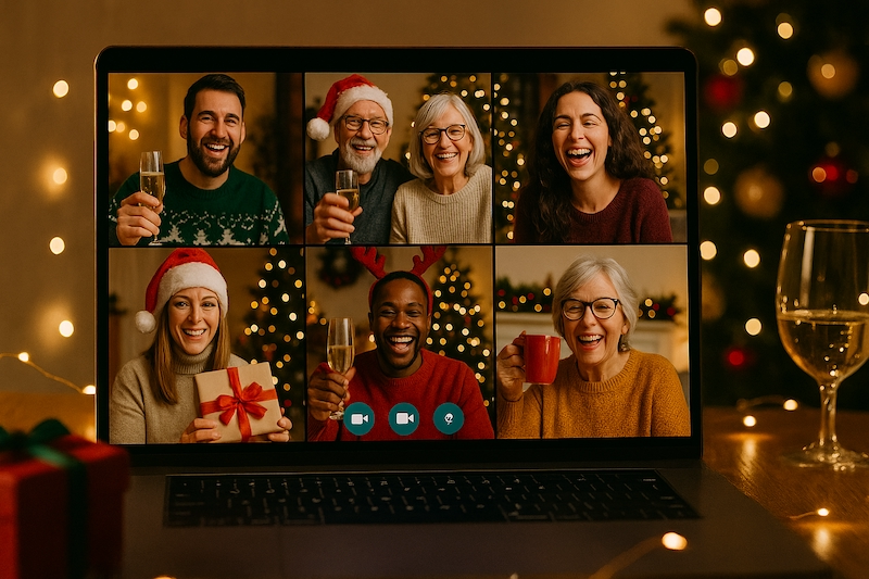 Friends or family enjoying a virtual holiday party on video call