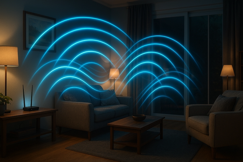 Visualized WiFi waves flowing through a room